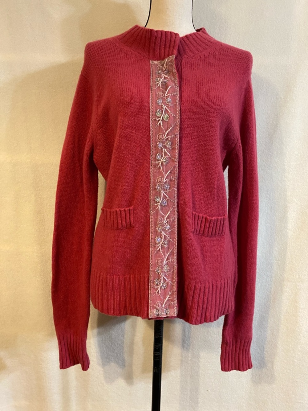 Garnet Hill pink lambswool knit cardigan with beaded ribbon trim